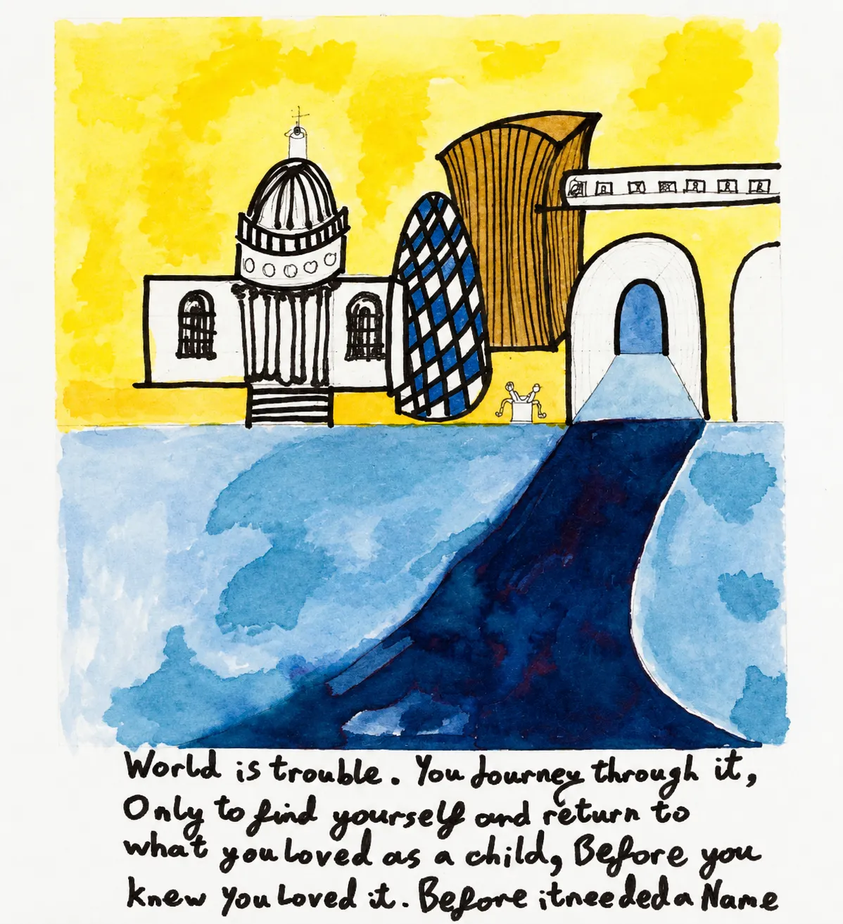 A pen-and-ink cityscape washed in yellow above and blue below: a domed classical building, a lattice-clad tower, a curved bronze form and an arched bridge stand along the skyline, with two small figures beneath them. A dark blue river sweeps diagonally across the lower half.